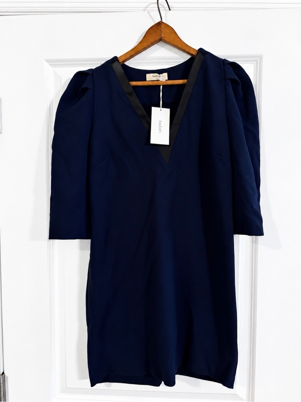 ba&sh Robe Today Dress Size 1 US 6 Small Marine Navy NWT Puff Sleeve Mini $420